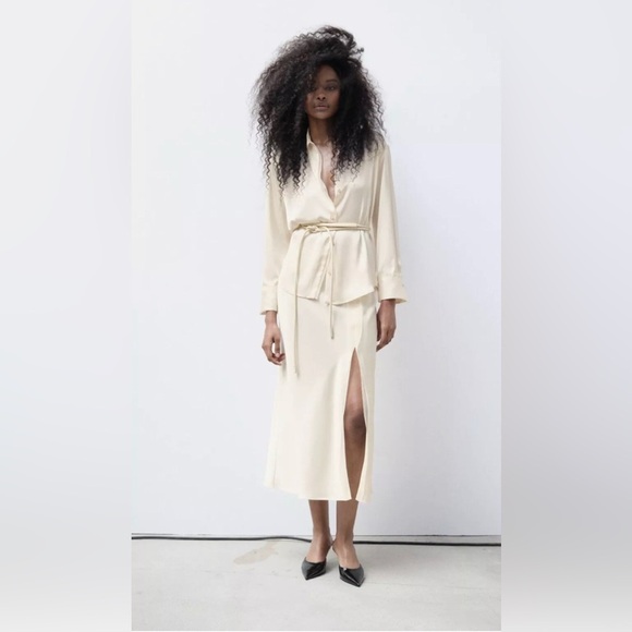 NWT Zara SET Cream Ecru Mixed Organza Satin Effect Blouse Skirt L XL - Picture 13 of 16